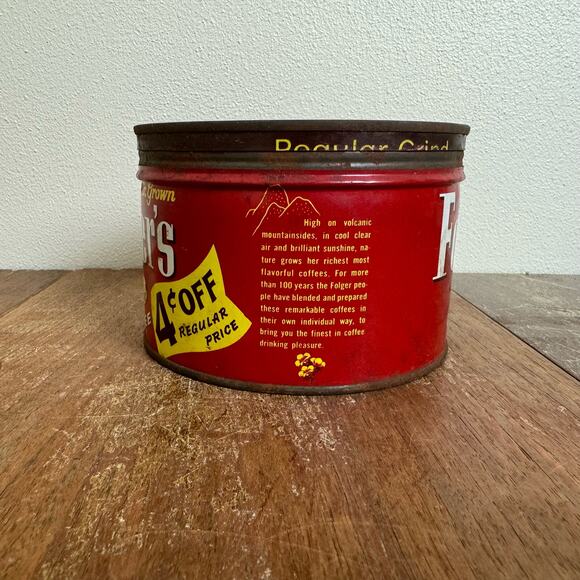 Vintage 1959 Folger's 4 Cents off Coffee Can Tin Metal Short Advertising Decor - Picture 5 of 10